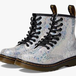 Dr. Martens 1460 Lace Up Fashion Boot (Big Kid) Grey Disco Crinkle